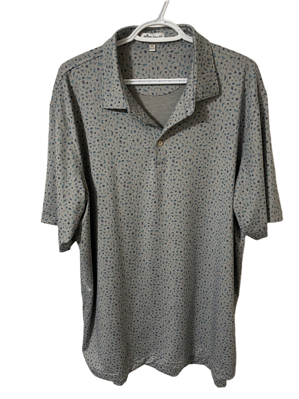 Peter Millar Summer Comfort Grey Polo with Blue Western Micro Print Size XL